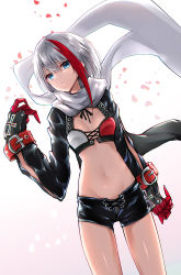Rule 34 | 1girl, absurdres, admiral graf spee (azur lane), azur lane, black shorts, blue eyes, blurry, breasts, breasts apart, claws, closed mouth, commentary request, cowboy shot, crop top, expressionless, gradient background, grey hair, hand up, highres, long sleeves, looking at viewer, midriff, multicolored hair, navel, open fly, osisio, petals, red hair, scarf, short hair, short shorts, shorts, sidelocks, small breasts, solo, standing, stomach, streaked hair, thighs, white background, white scarf