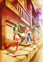 Rule 34 | 00s, 1boy, 2girls, akai kagerou, end of the world (grandia), feena (grandia), game arts, grandia, grandia i, green hair, hat, holding hands, justin (grandia), layered sleeves, long hair, looking back, low-tied long hair, multiple girls, open mouth, road, smile, street, sue (grandia), vanishing point, walking