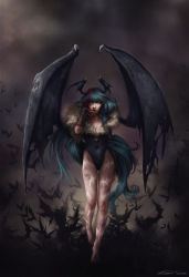 Rule 34 | 1girl, bare shoulders, bat (animal), blood, breasts, demon girl, fernanda suarez, fur trim, green hair, head wings, highres, leotard, lips, long hair, morrigan aensland, newsha, no legwear, solo, vampire (game), very long hair, wings