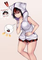 Rule 34 | !, !!, 1girl, 3:, alternate costume, aoshima, bare arms, bare legs, bare shoulders, beige background, black hair, breasts, commentary request, english text, feet out of frame, hair between eyes, hand up, highres, hood, hood up, hoodie, jewelry, kijin seija, large breasts, multicolored hair, nail polish, no pants, pendant, pink lips, purple hair, red eyes, red hair, short hair, simple background, sleeveless, sleeveless hoodie, smile, solo, standing, streaked hair, sukuna shinmyoumaru, sweat, thighs, touhou, white hair, white hoodie, white nails, | |