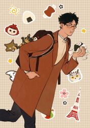 Rule 34 | 1boy, :t, akaashi keiji, animal sticker, backpack, bag, bag charm, ball, bird, black hair, blue eyes, boned meat, brown background, brown bag, brown coat, brown sweater, charm (object), chengongzi123, cherry blossoms, closed mouth, coat, collared coat, commentary, eating, food, glasses, grid background, haikyuu!!, hand in pocket, hand up, highres, holding, holding food, long sleeves, looking at viewer, male focus, meat, onigiri, owl, short hair, star (symbol), sticker, stuffed animal, stuffed toy, sweater, symbol-only commentary, very short hair, volleyball (object)