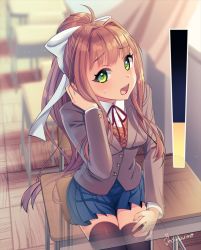 Rule 34 | 1girl, artist name, black thighhighs, blue skirt, blush, breasts, brown hair, brown jacket, chair, classroom, curtains, desk, doki doki literature club, female focus, green eyes, hair ribbon, hand on own leg, hand up, have to pee, indoors, jacket, kakuume, legs together, long hair, long sleeves, looking at viewer, miniskirt, monika (doki doki literature club), neck ribbon, open mouth, pleated skirt, ponytail, red ribbon, ribbon, school desk, school uniform, shirt, signature, sitting, skindentation, skirt, small breasts, smile, solo, sweat, teeth, thighhighs, urine meter, white ribbon, white shirt, x-ray, zettai ryouiki