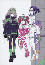 Rule 34 | 3girls, :o, absurdres, ahoge, alternate costume, black footwear, black socks, blonde hair, blue eyes, boots, breasts, brown hair, closed mouth, collar, contemporary, darling in the franxx, flower, from side, full body, glasses, green eyes, green hairband, green legwear, hair between eyes, hair ornament, hairband, hand on another&#039;s shoulder, high heel boots, high heels, highres, holding, holding flower, hood, hood down, hooded jacket, ikuno (darling in the franxx), jacket, kneehighs, kokoro (darling in the franxx), long hair, looking at viewer, looking over eyewear, looking over glasses, miku (darling in the franxx), multicolored clothes, multicolored jacket, multiple girls, off shoulder, open mouth, pantyhose, pink footwear, pink jacket, purple-tinted eyewear, purple-tinted glasses, purple eyes, purple hair, purple jacket, roller skates, see-through, see-through sleeves, shoelaces, shoes, short sleeves, sidelocks, simple background, sitting, skates, skirt, smile, sneakers, socks, standing, striped clothes, striped legwear, striped thighhighs, sunglasses, thighhighs, tinted eyewear, twintails, two-tone jacket, wavy hair, white jacket, white skirt, yoneyama mai, zettai ryouiki
