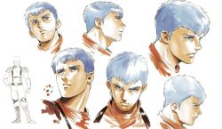 Rule 34 | 1boy, blue hair, chirico cuvie, color guide, cropped torso, from side, green eyes, hair behind ear, looking ahead, looking at viewer, looking down, looking to the side, male focus, parted lips, pilot suit, scowl, soukou kihei votoms, surprised, upper body, vldhomecenter, white background