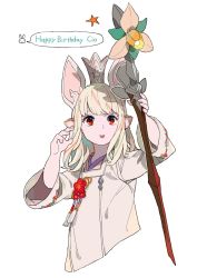 Rule 34 | animal ears, atory totory, blonde hair, elezen, elf, fake animal ears, final fantasy, final fantasy xiv, flower, highres, holding, holding staff, long hair, open mouth, pointy ears, red eyes, red flower, simple background, solo, staff, star (symbol), teeth, upper body, upper teeth only, warrior of light (ff14), white background, white mage (final fantasy)