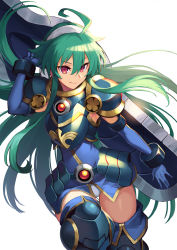 Rule 34 | 1girl, absurdres, ahoge, armor, character request, closed mouth, elbow gloves, gloves, green hair, hair between eyes, highres, holding, holding weapon, long hair, looking at viewer, nakamura eight, red eyes, shinrabanshou, simple background, smile, solo, thighhighs, v-shaped eyebrows, very long hair, weapon, white background