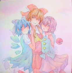 Rule 34 | 3girls, ascot, bare shoulders, blouse, blue dress, blue eyes, blue hair, bow, breasts, brown eyes, brown hair, cirno, clenched hand, cowboy shot, detached sleeves, dress, eyeball, girl sandwich, gradient background, hair bow, hair tubes, hairband, hakurei reimu, heart, highres, ice, ice wings, komeiji satori, long hair, looking at viewer, multiple girls, open mouth, painting (medium), pink background, puffy short sleeves, puffy sleeves, purple eyes, purple hair, sandwiched, shirt, short hair, short sleeves, skirt, smile, third eye, touhou, traditional media, watercolor (medium), wings, yuyu (00365676)