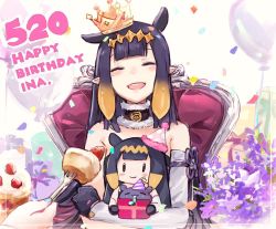 Rule 34 | 1girl, balloon, bare shoulders, blue nails, blunt bangs, blush, box, cake, character doll, choker, closed eyes, commentary, confetti, crown, dated, english commentary, facing viewer, feeding, flower, food, fork, fruit, fur-trimmed choker, fur trim, gift, gift bag, gift box, gradient hair, happy birthday, hat, holding, holding box, holding fork, hololive, hololive english, hugging doll, hugging object, mole, mole under eye, multicolored hair, nail polish, ninomae ina&#039;nis, ninomae ina'nis, open mouth, party hat, pointy ears, purple flower, purple hair, smile, smol ina, solo focus, strawberry, strawberry shortcake, takodachi (ninomae ina&#039;nis), upper body, virtual youtuber, yuuyu (777)