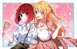 Rule 34 | 2girls, absurdres, arima kana, belt, blonde hair, bob cut, border, crepe, food, frilled shirt, frills, halftone, halftone background, hashtag-only commentary, highres, holding, holding another&#039;s arm, holding food, hoshino ruby, inverted bob, jacket, jacket on shoulders, looking at viewer, multiple girls, one side up, open mouth, oshi no ko, pink background, pink eyes, pink hair, pink jacket, pink skirt, puffy sleeves, red eyes, red hair, shirt, shuoruoranxing, skirt, star (symbol), star in eye, symbol in eye, upper body, waving, white border