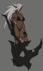 Rule 34 | 1girl, abs, axe, bad id, bad twitter id, bare shoulders, bikini, breasts, cleavage, collarbone, commentary request, dark-skinned female, dark elf, dark skin, drill (emilio), earrings, elf, fingerless gloves, full body, gauntlets, gloves, grey background, hair over one eye, high heels, highres, holding, holding axe, jewelry, leg armor, long hair, looking at viewer, medium breasts, midriff, navel, neytharone (drill (emilio)), original, pointy ears, ponytail, red eyes, simple background, sleeveless, solo, standing, swimsuit, tattoo, white hair