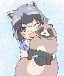 Rule 34 | 1girl, animal, animal ears, blue sweater, brown eyes, commentary request, common raccoon (kemono friends), fang, grey hair, himitsu asakura, holding, holding animal, kemono friends, raccoon, raccoon girl, smile, sweater