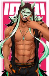 Rule 34 | 1boy, abs, arm tattoo, bara, biceps, coat, dark-skinned male, dark skin, facial hair, fang, finger to mouth, green eyes, hand on own hip, highres, hood, hoodie, ig1119, jewelry, large pectorals, long sideburns, looking at viewer, male focus, male underwear, male underwear peek, manly, mature male, muscular, muscular male, navel, navel hair, necklace, nipples, open mouth, original, pants, pectorals, sideburns, solo, stomach tattoo, stubble, tattoo, teeth, thick arms, tongue, tusks, underwear, wolf mask