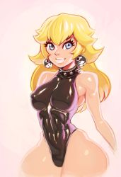 Rule 34 | 1girl, abs, alternate costume, bad id, bad tumblr id, bare shoulders, beige background, blonde hair, blue eyes, breasts, chain chomp, collar, covered erect nipples, earrings, eyelashes, flipped hair, halterneck, hip bones, hip focus, jewelry, large breasts, leotard, lips, lipstick, long hair, looking at viewer, makeup, mario (series), modeseven, narrow waist, nintendo, pink lips, princess peach, shiny clothes, shiny skin, simple background, skin tight, smile, solo, spiked collar, spikes, standing, thick thighs, thighs, toned, wide hips