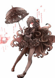 Rule 34 | 10s, 1girl, abyssal ship, black bow, black footwear, black pantyhose, bonnet, bow, brown hair, dress, frilled dress, frills, full body, glowing, glowing eyes, gothic lolita, isolated island oni, kantai collection, lolita fashion, long hair, mary janes, musical note, pantyhose, parasol, quaver, red eyes, shoes, simple background, smile, solo, tobi (one), translation request, umbrella, very long hair, wavy hair, white background