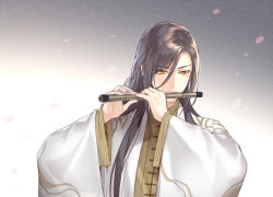 Rule 34 | 1boy, asymmetrical bangs, brown hair, chinese clothes, closed mouth, gradient background, grey background, holding, holding instrument, instrument, instrument request, kangetsu (fhalei), long hair, long sleeves, male focus, mole, mole under eye, music, original, playing instrument, solo, upper body, yellow eyes