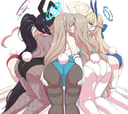 Rule 34 | 5girls, :d, absurdly long hair, absurdres, akane (blue archive), akane (bunny) (blue archive), all fours, animal ear hairband, animal ears, ass, asuna (blue archive), bare back, black hair, black pantyhose, blue archive, braid, breasts, brown hair, cleaning &amp; clearing (blue archive), commentary request, dark-skinned female, dark skin, earpiece, elbow gloves, fake animal ears, fake tail, fishnet pantyhose, fishnets, french braid, from behind, gloves, hair between eyes, hair over one eye, hairband, halo, hand on own ass, highleg, highleg leotard, highres, karin (blue archive), karin (bunny) (blue archive), large breasts, leotard, light brown hair, long hair, looking at another, looking at viewer, majinmallow, multicolored hair, multiple girls, neru (blue archive), neru (bunny) (blue archive), official alternate costume, official alternate hairstyle, open mouth, pantyhose, playboy bunny, ponytail, rabbit ear hairband, rabbit ears, rabbit tail, red hair, red leotard, shoulder blades, sideboob, sidelocks, simple background, single braid, smile, strapless, strapless leotard, streaked hair, tail, toki (blue archive), toki (bunny) (blue archive), two-tone hair, very long hair, wavy hair, white background, white gloves, yellow eyes