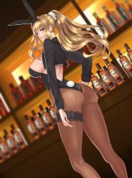 Rule 34 | 1girl, alcohol, animal ears, ass, back-seamed legwear, bar (place), black hairband, black jacket, black leotard, black pantyhose, blazer, blue eyes, blunt bangs, breasts, bridal garter, commentary request, contrapposto, covered erect nipples, cropped jacket, damegane, dutch angle, eyelashes, fake animal ears, feet out of frame, from side, hair intakes, hair ornament, hair scrunchie, hairband, half-closed eyes, hand on own hip, high ponytail, highleg, highleg leotard, highres, indoors, jacket, large breasts, leotard, light brown hair, lips, long hair, long sleeves, looking at viewer, looking to the side, nape, open mouth, original, pantyhose, parted lips, playboy bunny, ponytail, rabbit ears, rabbit tail, rum, scrunchie, seamed legwear, sideboob, sidelocks, solo, standing, strapless, strapless leotard, tail, teeth, victoria (damegane), wavy hair, white scrunchie