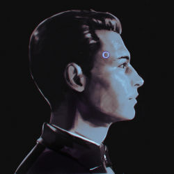 Rule 34 | 1boy, android, bad id, bad tumblr id, black background, black theme, close-up, connor (detroit), detroit: become human, expressionless, highres, ilya kuvshinov, jacket, male focus, manly, open clothes, open jacket, profile, solo, spot color