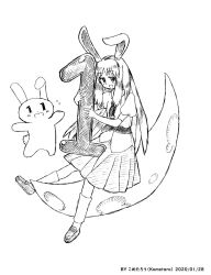 Rule 34 | 1girl, animal ears, artist name, commentary, crescent moon, dated, english commentary, flying sweatdrops, greyscale, highres, holding, kometaro, light blush, long hair, mascot, monochrome, moon, necktie, open mouth, pleated skirt, rabbit, rabbit ears, reisen udongein inaba, shoes, short sleeves, skirt, smile, socks, solo, touhou, very long hair, white background