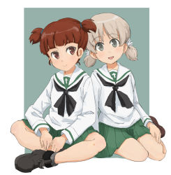 Rule 34 | 10s, 2girls, aki (girls und panzer), alternate costume, ankle boots, arm support, black neckerchief, blouse, blue footwear, blunt bangs, boots, closed mouth, commentary, full body, girls und panzer, green background, green eyes, green skirt, grey legwear, hair tie, hand on leg, indian style, leaning to the side, light brown hair, long sleeves, looking at viewer, mikko (girls und panzer), miniskirt, multiple girls, neckerchief, nogitatsu, ooarai school uniform, open mouth, outside border, pleated skirt, red eyes, red hair, school uniform, serafuku, shirt, short hair, short twintails, sitting, skirt, smile, socks, twintails, white shirt, yokozuwari