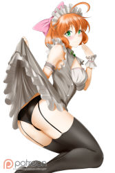 Rule 34 | 1girl, ahoge, ass, black panties, black thighhighs, bow, breasts, dress, freckles, garter straps, green eyes, hair bow, highres, kimmy77, lifting own clothes, looking at viewer, medium breasts, orange hair, panties, patreon logo, penny polendina, rwby, short hair, simple background, smile, solo, thighhighs, underwear, watermark, white background