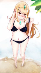 Rule 34 | 1girl, absurdres, armpits, bikini, black bikini, blonde hair, blush, breasts, breasts apart, chest jewel, cleavage, foreshortening, from above, frown, full body, gem, green gemstone, hair ornament, head tilt, highres, long hair, looking at viewer, medium breasts, mythra (xenoblade), nintendo, parted bangs, scowl, side-tie bikini bottom, solo, standing, swept bangs, swimsuit, v-shaped eyebrows, very long hair, xenoblade chronicles (series), xenoblade chronicles 2, yellow eyes