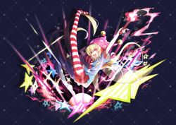 Rule 34 | 1girl, absurdres, american flag dress, american flag legwear, blonde hair, clownpiece, dress, fairy wings, full body, hat, highres, holding, jester cap, long hair, looking at viewer, neck ruff, open mouth, pantyhose, pink eyes, pink hat, polka dot, short sleeves, smile, solo, star (symbol), star print, striped, torch, touhou, transparent wings, user mxtc5244, very long hair, wings