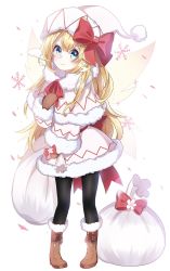 Rule 34 | 1girl, adapted costume, ametama (runarunaruta5656), black pantyhose, blonde hair, blue eyes, boots, bow, brown footwear, capelet, commentary request, fairy wings, full body, fur-trimmed boots, fur-trimmed capelet, fur collar, fur trim, hair between eyes, hair bow, hat, highres, lily white, long hair, long sleeves, looking at viewer, mittens, pantyhose, pom pom (clothes), red bow, sack, smile, snowflakes, solo, standing, touhou, wings