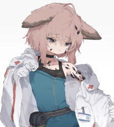 Rule 34 | 1girl, ahoge, animal ears, arknights, black choker, blue eyes, blue vest, choker, closed mouth, coat, commentary request, cross, flat chest, fox ears, fox girl, gloves, half-closed eyes, lab coat, material growth, medium hair, oripathy lesion (arknights), pink hair, red cross, simple background, solo, sussurro (arknights), unitedunti, upper body, vest, white background, white coat, white gloves