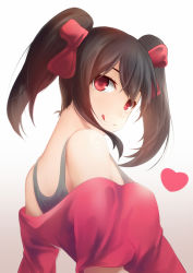 Rule 34 | 10s, 1girl, :q, bad id, bad pixiv id, bare shoulders, black hair, bow, gradient background, hair bow, heart, highres, lancefate, long hair, looking back, love live!, love live! school idol project, off-shoulder shirt, off shoulder, red eyes, red shirt, shirt, solo, tank top, tongue, tongue out, twintails, yazawa nico