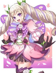 Rule 34 | black flower, black gloves, black rose, blue eyes, boots, butterfly wings, drill hair, elise (fire emblem), fire emblem, fire emblem fates, fire emblem heroes, flat chest, flower, gloves, hair flower, hair ornament, highres, insect wings, leon0630claude, long hair, looking at viewer, nintendo, official alternate costume, open mouth, puffy sleeves, rose, smile, thigh boots, thighs, twin drills, very long hair, white flower, white rose, wings