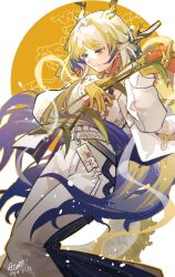 Rule 34 | 1girl, arknights, belt, blonde hair, blue hair, chinese commentary, colored skin, commentary request, dated, dragon girl, dragon horns, dragon tail, earrings, feet out of frame, grey hair, hair ornament, hairpin, half-closed eyes, highres, holding wheat, horns, jacket, jewelry, long sleeves, looking down, multicolored hair, pants, pointy ears, puyue, shu (arknights), signature, simple background, smile, solo, tail, tassel, tassel earrings, white background, white jacket, white pants, yellow background, yellow skin