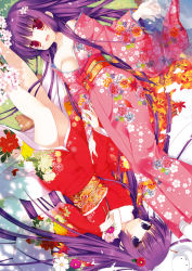 Rule 34 | 2girls, :d, absurdres, bare legs, blush, breasts, cleavage, floral print, furisode, hair ornament, highres, japanese clothes, kimono, long hair, lying, multiple girls, obi, off shoulder, on back, open clothes, open mouth, original, purple eyes, purple hair, red eyes, rotational symmetry, sash, sazaki ichiri, scan, smile, upside-down, very long hair