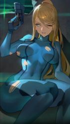Rule 34 | 1girl, against wall, blonde hair, blue bodysuit, blue eyes, bodysuit, breasts, clenched teeth, commentary, covered navel, gun, hair between eyes, hand up, handgun, highres, holding, holding gun, holding weapon, hood (james x), long hair, looking to the side, medium breasts, metroid, mole, mole under mouth, nintendo, one eye closed, parted lips, pistol, plasma pistol, ponytail, samus aran, sidelocks, sitting, skin tight, solo, sweat, swept bangs, taking cover, teeth, torn bodysuit, torn clothes, v-shaped eyebrows, weapon, zero suit