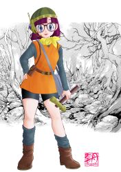 Rule 34 | 1girl, absurdres, artist logo, bag, belt, black shorts, blue eyes, boots, brown footwear, chrono trigger, dated, dithering, full body, glasses, grey bag, grey shirt, grey socks, hammer, hand on own hip, headset, helmet, highres, holding, holding hammer, looking at viewer, lucca ashtear, neckerchief, parted lips, partially colored, purple hair, shirt, short hair, shorts, shoulder bag, socks, solo, unidon4910, yellow neckerchief