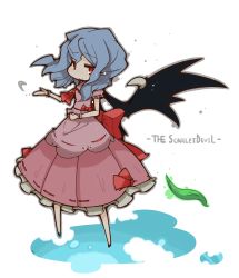 Rule 34 | 1girl, absurdres, ascot, bad id, bad pixiv id, bat wings, black wings, blue hair, bow, chibi, claws, dress, english text, female focus, highres, katsudansou, leaf, long hair, no headwear, red eyes, remilia scarlet, simple background, smile, solo, standing, touhou, wings, wrist cuffs