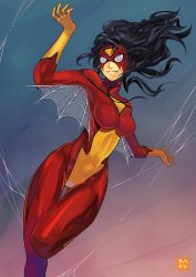 Rule 34 | 1girl, black hair, bodysuit, breasts, hatsurai kun, highres, impossible bodysuit, impossible clothes, jessica drew, large breasts, long hair, marvel, mask, multicolored clothes, skin tight, smile, solo, spider-woman, superhero costume