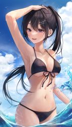 Rule 34 | 1girl, :d, absurdres, arm up, armpits, bare arms, bare shoulders, bikini, black bikini, black hair, black ribbon, blue eyes, blue sky, blush, breasts, cleavage, cloud, collarbone, cowboy shot, day, earrings, front-tie bikini top, front-tie top, hair ornament, hairclip, halterneck, hand on own head, highres, jewelry, large breasts, long hair, looking at viewer, medium breasts, myowa, navel, open mouth, original, outdoors, ponytail, purple eyes, ribbon, sky, smile, solo, sparkle, stomach, string bikini, stud earrings, sunlight, swimsuit, upper body, wading, water, wet