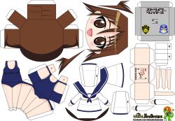 Rule 34 | 1girl, :d, artist name, blush, breasts, brown eyes, brown hair, chibi, el joey, hair between eyes, highres, miyafuji yoshika, open mouth, paper cutout, papercraft, sailor collar, scarf, shoes, smile, solo, strike witches, swimsuit, watermark, web address, world witches series