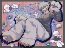 Rule 34 | 1girl, :3, animal feet, animal hands, artist name, black background, black jacket, blue necktie, blush stickers, bottomless, chibi, chibi inset, claws, collared jacket, collared shirt, commission, full body, grey fur, grey hair, grey shirt, grid background, hands up, heart, highres, jacket, kagaya (oshiriudon), knees up, long sleeves, looking at viewer, monster girl, necktie, open mouth, original, red background, red eyes, shirt, short hair, sitting, skeb commission, solo, suit jacket, thank you, yeti (creature)
