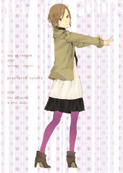 Rule 34 | 1girl, boots, brown eyes, brown hair, cardigan, english text, fashion, full body, high heel boots, high heels, original, pantyhose, pleated skirt, purple pantyhose, shoes, simple background, skirt, solo, standing, yoshito