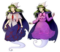 Rule 34 | 1girl, bow, cape, dress, extra arms, full body, ghost tail, green eyes, green hair, hat, highly responsive to prayers, highres, knife, long hair, mima (touhou), moonywitcher, multiple views, purple bow, purple dress, red ribbon, ribbon, simple background, skirt, smile, spirit, story of eastern wonderland, touhou, touhou (pc-98), white background