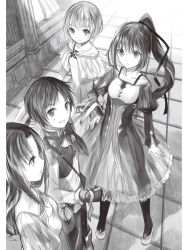 Rule 34 | 1boy, 3girls, capelet, dress, floating hair, frilled dress, frills, from above, full body, fuzichoco, gloves, greyscale, hachinan tte sore wa nai deshou!, hair between eyes, hair ribbon, hand on own hip, high ponytail, highres, long hair, long sleeves, monochrome, multiple girls, novel illustration, official art, ribbon, see-through, smile, standing, sweatdrop, very long hair