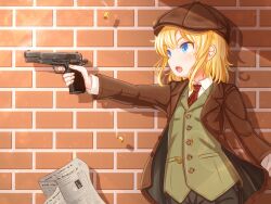 Rule 34 | 1girl, black coat, black pants, blue eyes, breast pocket, brick wall, brown coat, brown hat, brown jacket, browning hi-power, buttons, chain, coat, cocked hammer, collared shirt, commentary, cowboy shot, crossdressing, english commentary, finger on trigger, fingernails, flat cap, floating, floating object, from side, gun, handgun, hat, highres, holding, holding gun, holding weapon, jacket, lapels, layered clothes, long sleeves, looking ahead, multicolored coat, necktie, newspaper, notched lapels, open clothes, open coat, open mouth, original, pants, pocket, red necktie, shadow, shell casing, shirt, short hair, smoke, solo, suzushiro (gripen39), tomboy, two-sided coat, two-sided fabric, two-tone coat, unbuttoned, weapon, white shirt