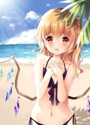 Rule 34 | 1girl, alternate costume, beach, bikini, black bikini, blonde hair, blue sky, branch, breasts, cleavage, cloud, collarbone, commentary request, crystal, day, flandre scarlet, front-tie bikini top, front-tie top, hair between eyes, hands on own chest, highres, horizon, leaning, leaning to the side, looking at viewer, lowleg, lowleg bikini, mumu-crown, navel, ocean, open mouth, outdoors, own hands together, parted lips, red eyes, shadow, side-tie bikini bottom, side ponytail, sky, small breasts, solo, swimsuit, touhou, upper body, wings