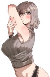Rule 34 | 1girl, black panties, blush, bob cut, bow (bhp), brown eyes, closed mouth, cropped sweater, grey hair, grey sweater, looking at viewer, medium hair, midriff, navel, original, panties, simple background, solo, standing, sweater, underwear, upper body, white background