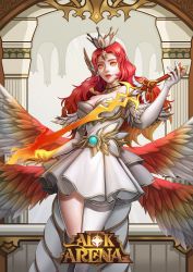 Rule 34 | afk arena, character request, copyright name, crown, dress, elbow gloves, feather hair ornament, feathered wings, feathers, flaming sword, flaming weapon, gloves, hair ornament, highres, holding, holding sword, holding weapon, long hair, n-i-s-s-i, orange eyes, red hair, solo, standing, sword, weapon, white dress, white gloves, wings