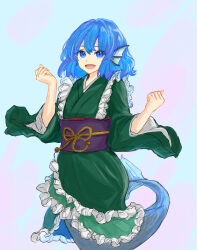 Rule 34 | 1girl, :d, alternate hairstyle, blue background, blue eyes, blue hair, clenched hands, eyelashes, fins, frilled kimono, frills, green kimono, hands up, head fins, highres, japanese clothes, kashiwada kiiho, kimono, long sleeves, looking at viewer, medium hair, mermaid, monster girl, obi, obiage, obijime, open mouth, pink background, sash, smile, solo, touhou, two-tone background, wakasagihime, wavy hair, wide sleeves
