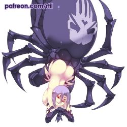 Rule 34 | 1girl, arachne, arthropod girl, ass, breasts, butt crack, carapace, completely nude, extra eyes, extra legs, insect girl, large breasts, monster girl, monster musume no iru nichijou, nude, rachnera arachnera, red eyes, rtil, short hair, simple background, smile, solo, spider girl, taur, upside-down, watermark, web address, white background