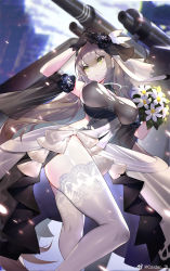 Rule 34 | 1girl, 88 flak (ash arms), alternate costume, arm up, ash arms, black gloves, blurry, blurry background, bouquet, breasts, calder, contrapposto, depth of field, dress, flower, gloves, hair between eyes, highres, lace, lace-trimmed legwear, lace trim, large breasts, light brown hair, long hair, panties, side-tie panties, side slit, solo, thighhighs, torn clothes, torn dress, underbust, underwear, veil, very long hair, weibo watermark, white thighhighs, yellow eyes